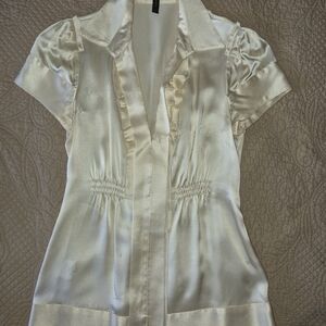 BCBGMaxAzria Cream Satin Ruffle Blouse